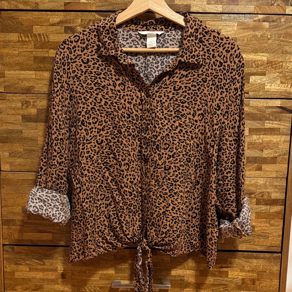 H&M Animal Print Tie-Front Women's Blouse - Brown/Black size 16